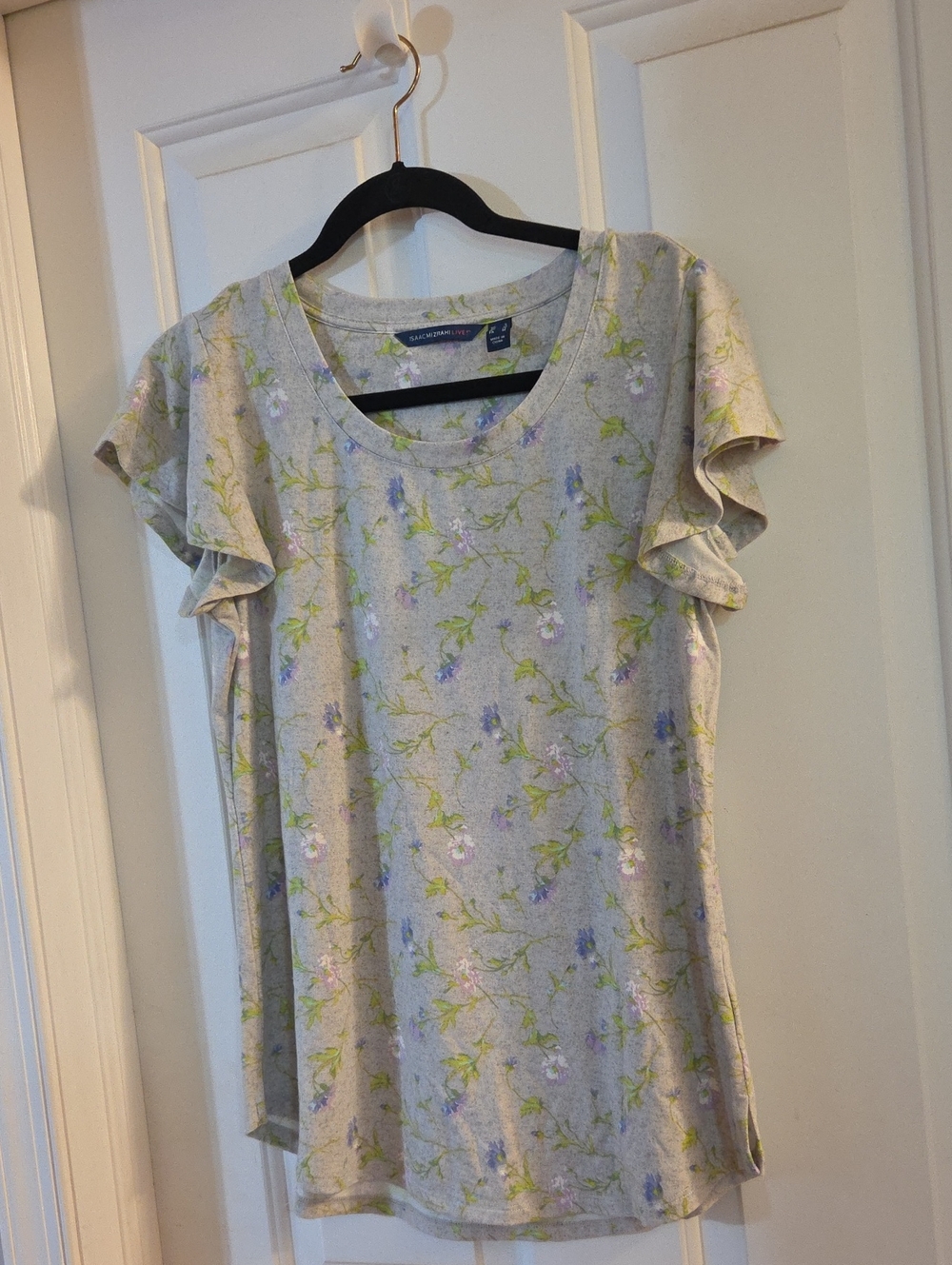 Isaac Mizrahi Live Light Gray Floral Ruffle Sleeve Top Small